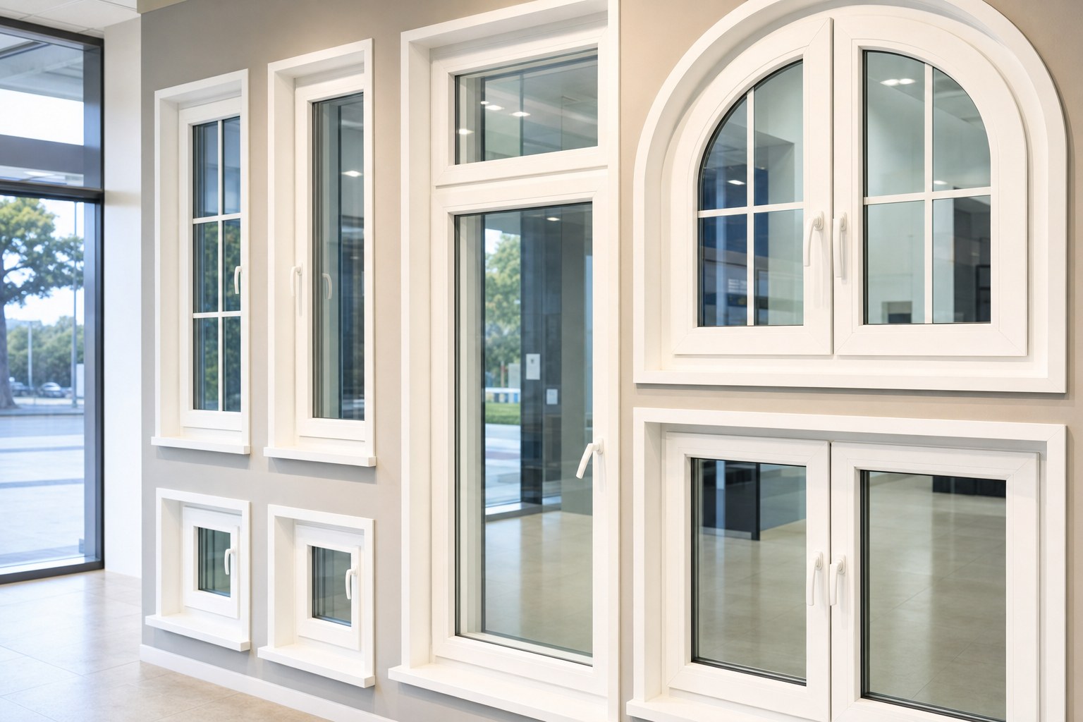 Parete grigia di showroom con finestre bianche di varie forme: doppia anta ad arco, portafinestra con sopraluce, vasistas