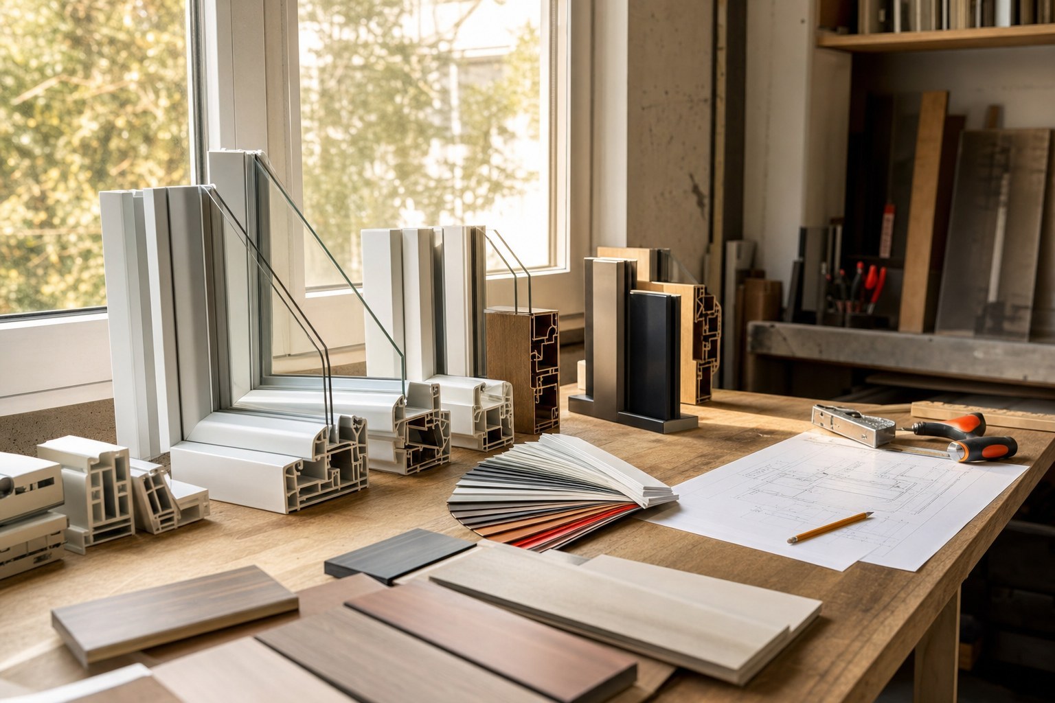 Sezioni di profili in PVC bianco con doppio vetro, campioni effetto legno, mazzetta colori e disegno tecnico su un tavolo